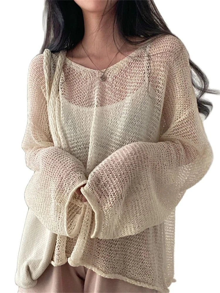 Women's Lazy Style Full Sleeves Jumpers Tops Hollow Out Sexy Women Fashion Casual Streetwear Chic Femme Sweaters Pullovers
