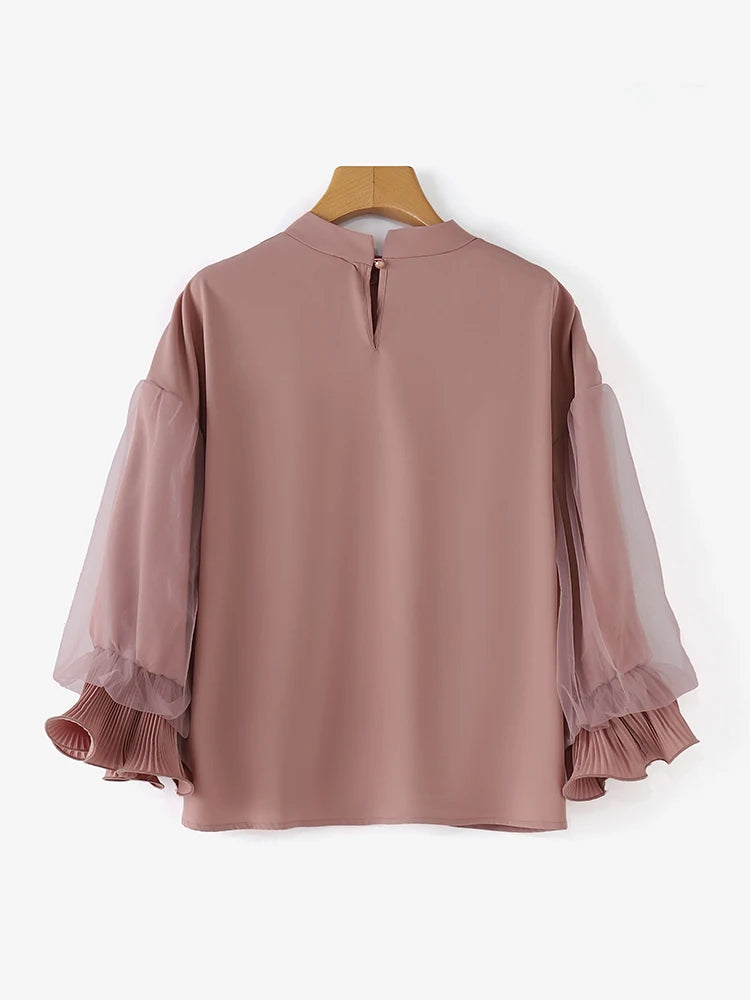 Elegant Party Blouse Chic Mesh Ruffle 3/4 Sleeve Tops Designer Stand Collar Shirts