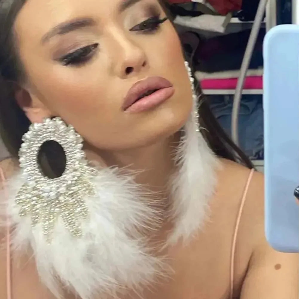 Boho Exaggerated Feather Earrings  Piercing Jewelry Fashion Geometric Rhinestone Dangle Earrings