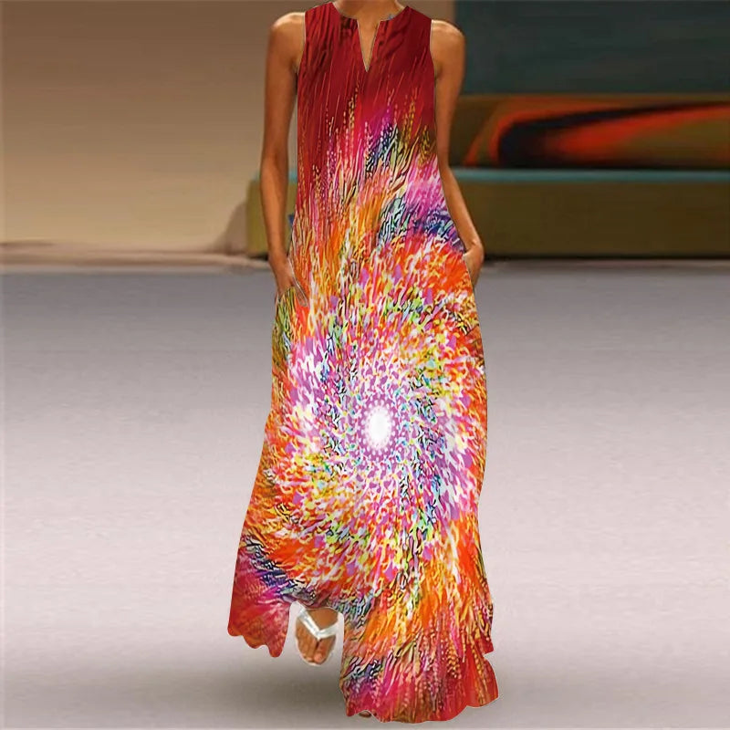 Vintage Print Maxi Dress For Women Summer Loose Sleeveless Long Dresses Elegant Lady V Neck Pocket Boho Beach Sundress Vestidos