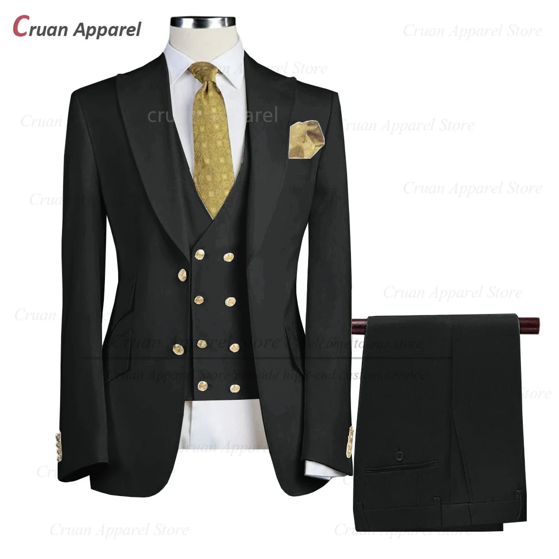 Tailor-made Brand Suits for Men Slim fit Prom Wedding Groom Tuxedo Set Party Gold Buttons Blazer Vest Pants 3 Pieces