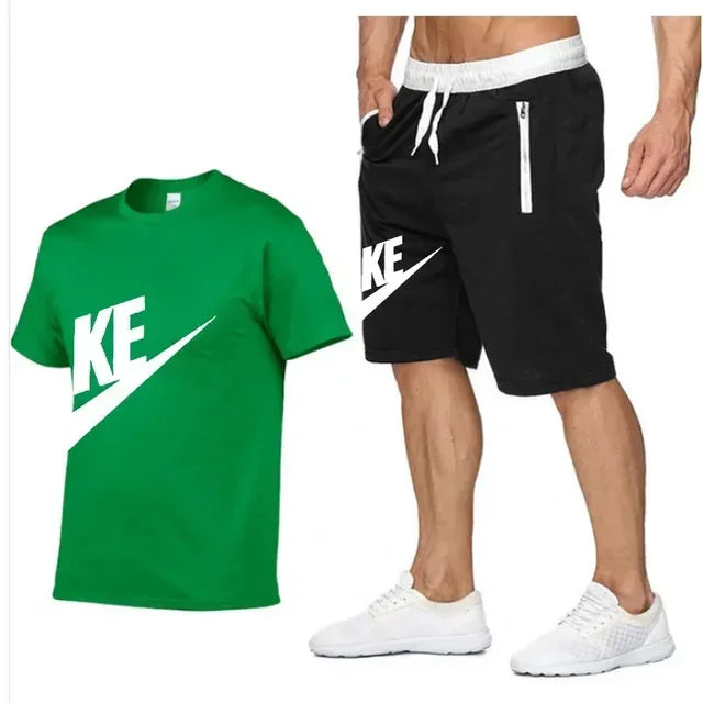 Summer men's printed round neck short-sleeved T-shirt + five-point shorts two-piece fitness sports fashion leisure suit