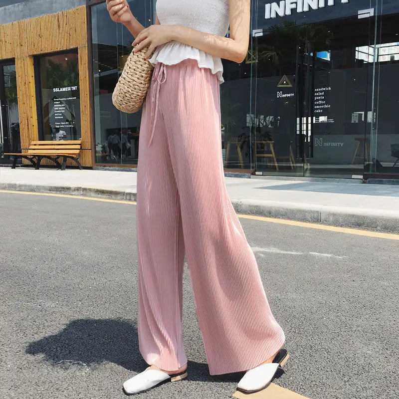 Women's Fashion Summer Wide Leg Pants Pleated Ice Silk Trousers Elastic Waist Loose Casual Pants
