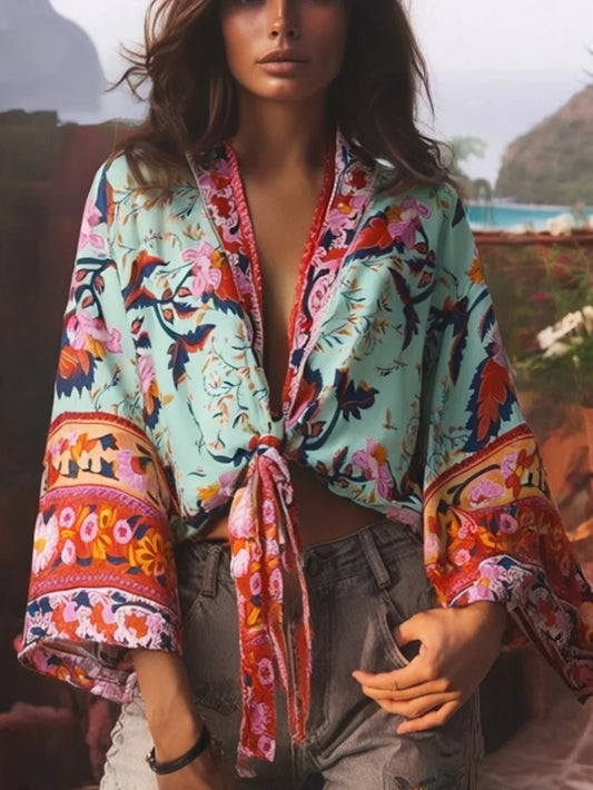 Hippie Queens Floral Print Sashes Short  Kimono Women Fashion V Neck Batwing Sleeves Lady Boho Bikini Cover-ups