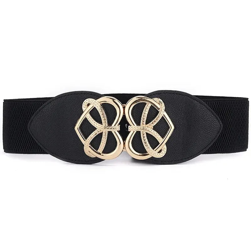 Women's Waist Cover Fashionable Golden Buckle Elastic Waist Closure With Double Hook Buckle Wide Belt
