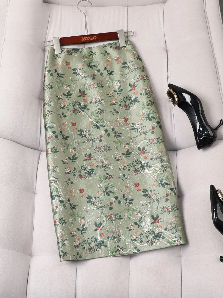 Flower Print Bodycon Pencil Skirt  Slim Fit Midi