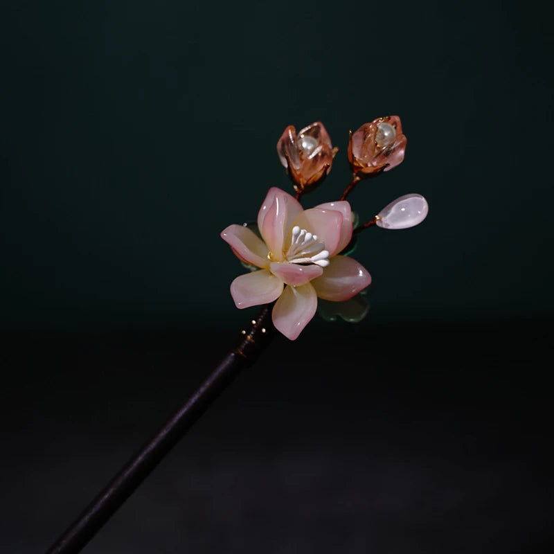 Floral Hair Pins Handmade Wooden Twist Bun Pin Chopsticks Flower Hair Clips Chinese-style Hair Stick