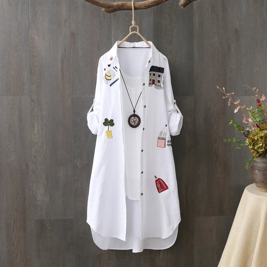 Women Cotton Embroidery Loose Long Shirts Casual Office Lady Blouse Female Top Loose shirt