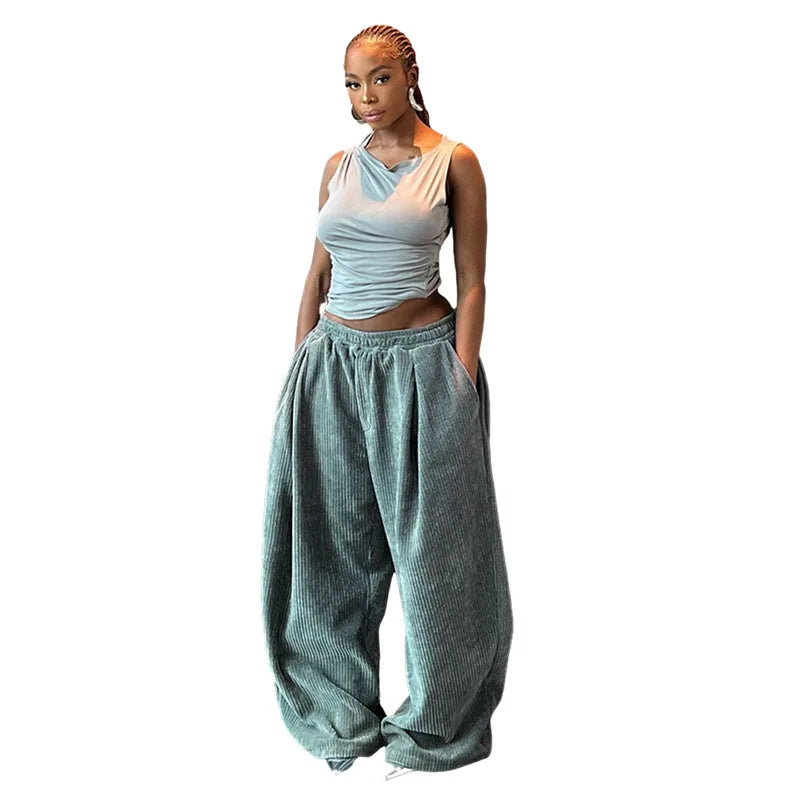 Casual Women's Pants  Wide Leg Corduroy Women's Pants Hip Hop Loose Basic Pockets High Waist Pants