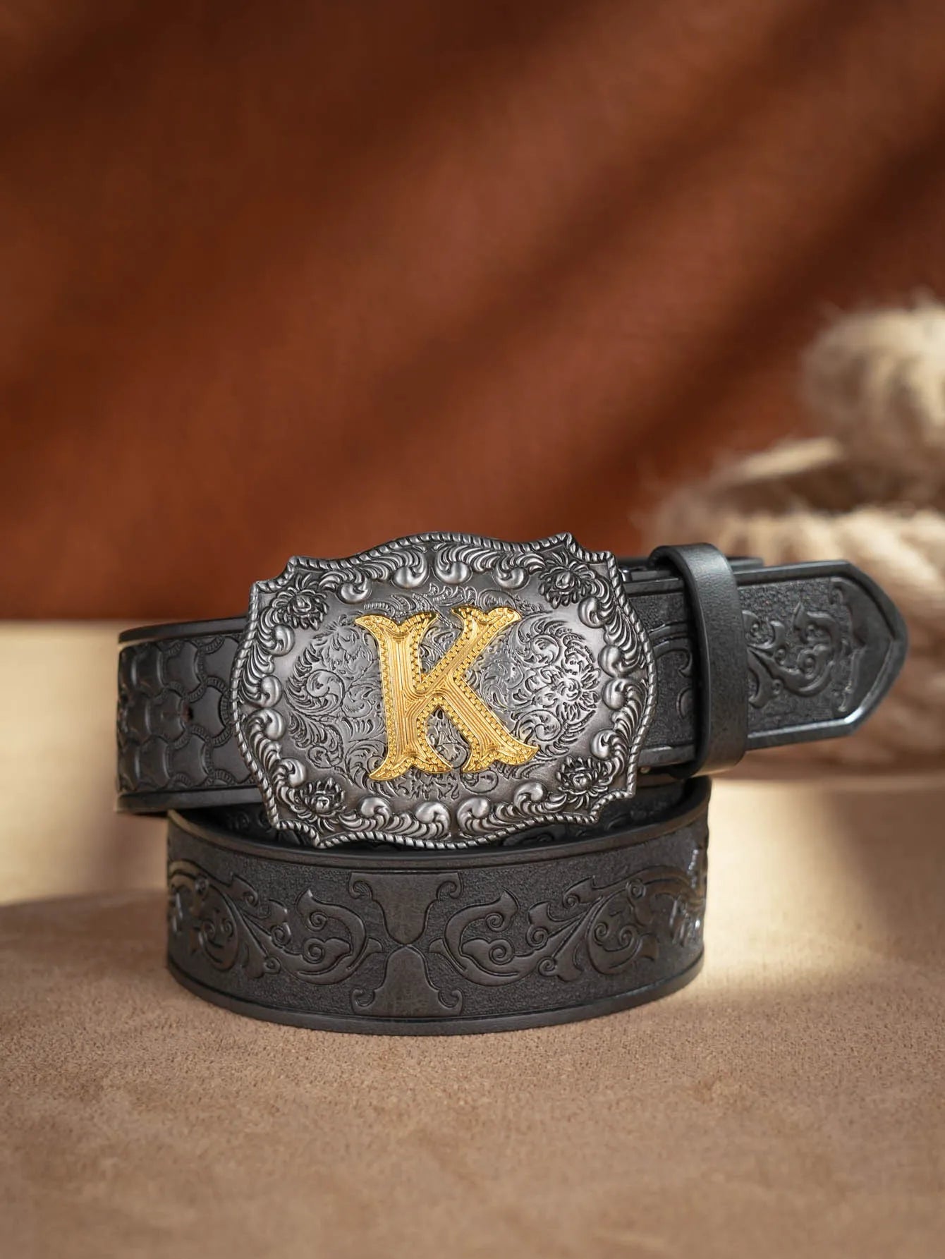 Western Cowboy PU Leather Belt  Waist Strap Bull Decoration Floral Engraved for Jeans