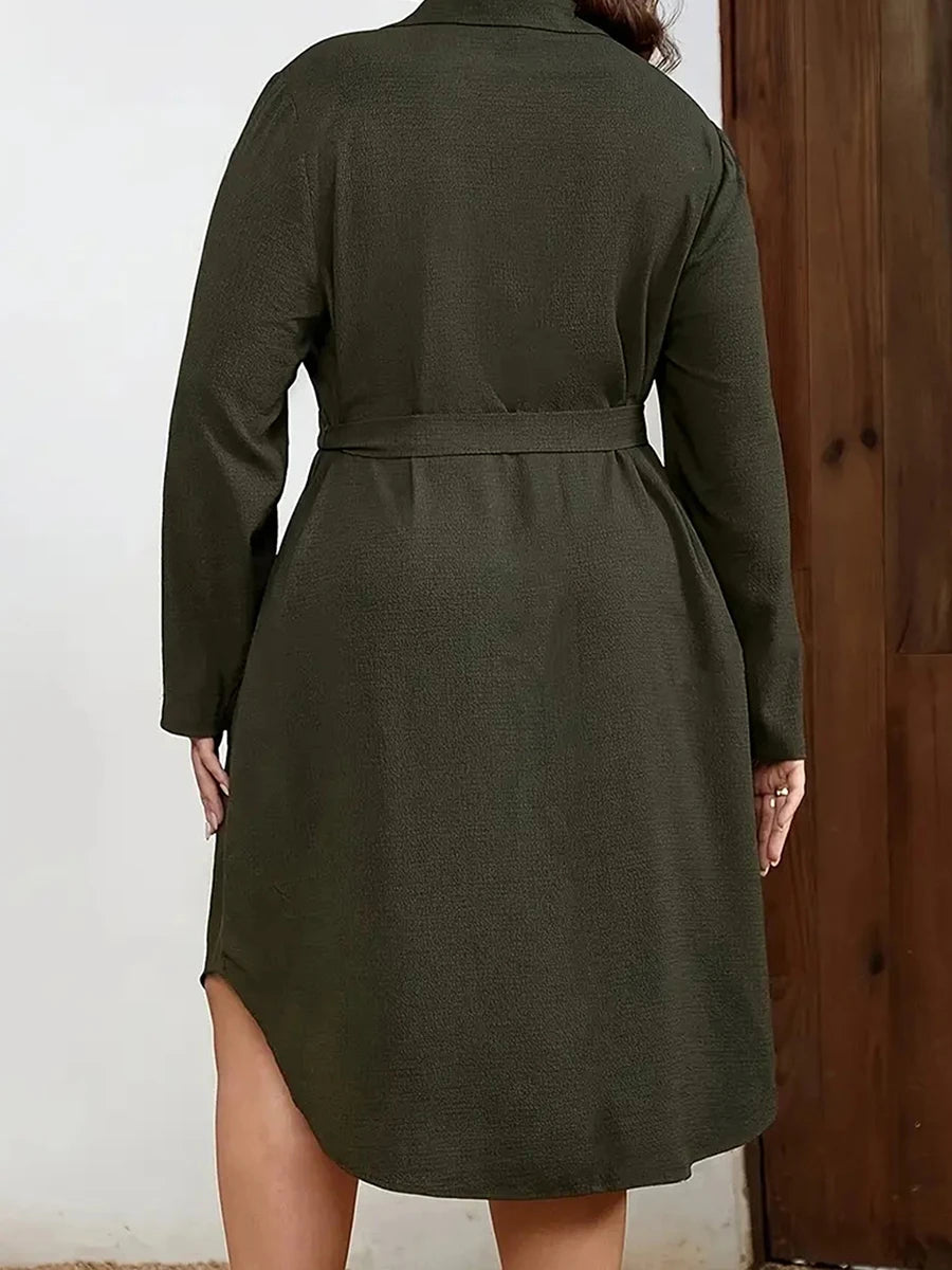 Women Plus Size Dress  V-Neck Long sleeve Midi Dress Summer Boho Beach Party Dress with Pockets and Tie Belt