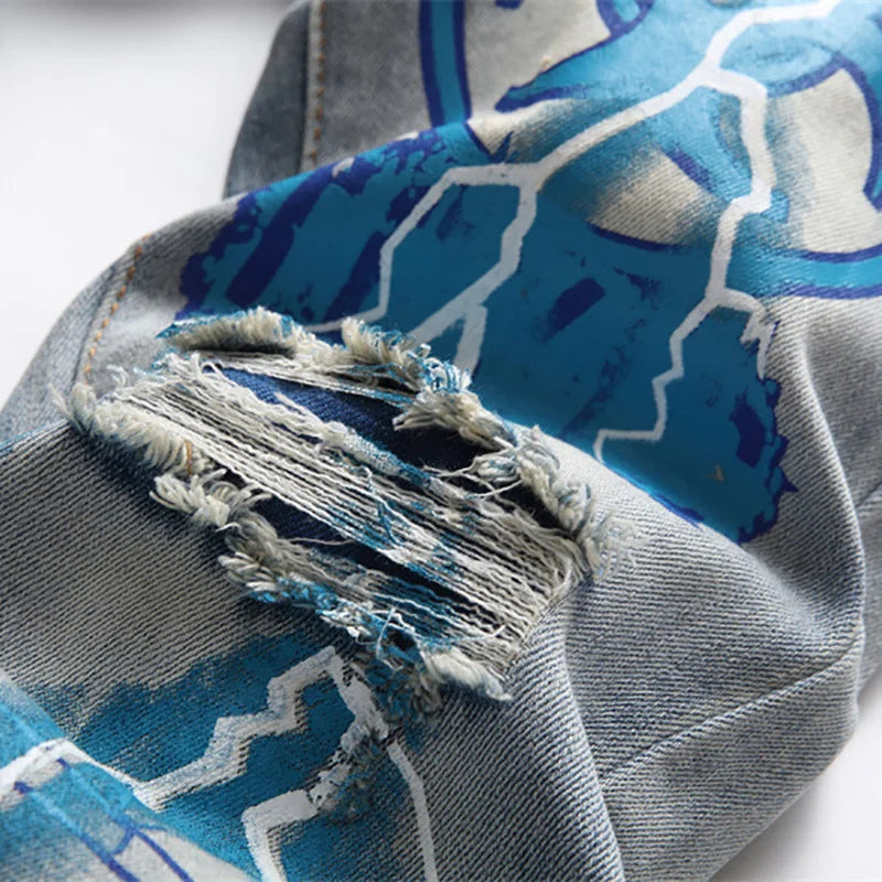 Print Jeans Streetwear Letters Lightning Painted Stretch Denim Pants Vintage Blue Ripped Button Fly Slim Tapered Trousers