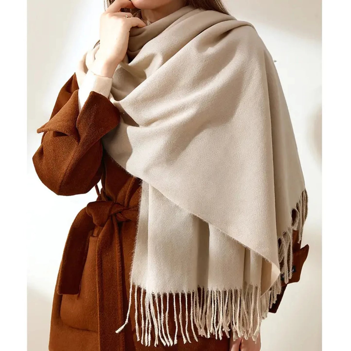 Solid Color Warm Large Shawl Long Tassel Scarf for Women - Stylish and Cozy Winter Essential