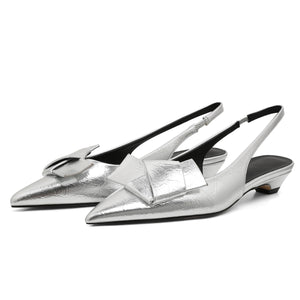 Kitten Low Heels Bownkot Pointy Toe Leisure Sandals Pleated Slip-on Back Strap Flats