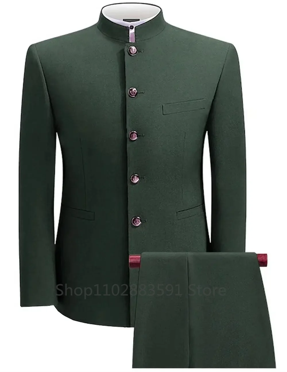Formal Men's Business 2 Pieces Blazer + Pants Stand Lapel Men's Jacket Flat Suit Slim Fit Coat Groomsmen Party