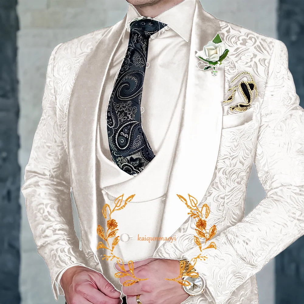 Jacquard Elegant Men's 3 Piece Suit Set Wedding Groom Tuxedo Jacket Pants Vest Formal Party Dress