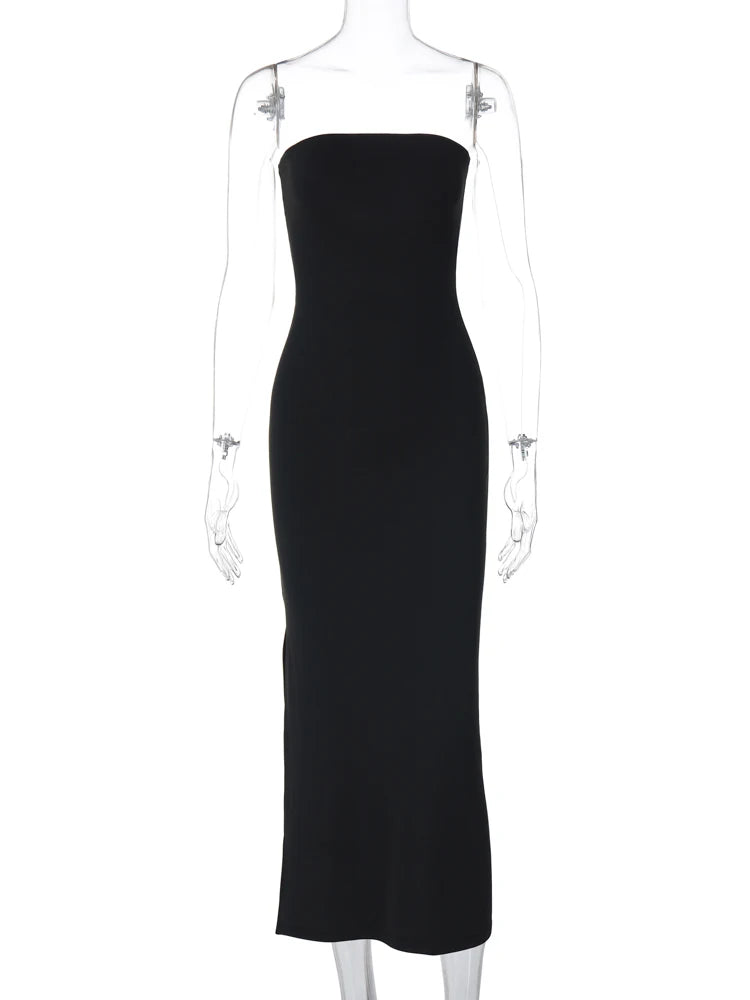 Black Strapless Sleeveless Sexy Bodycon Maxi Prom Dress  Elegant Women's Outfit Evening Party Festival