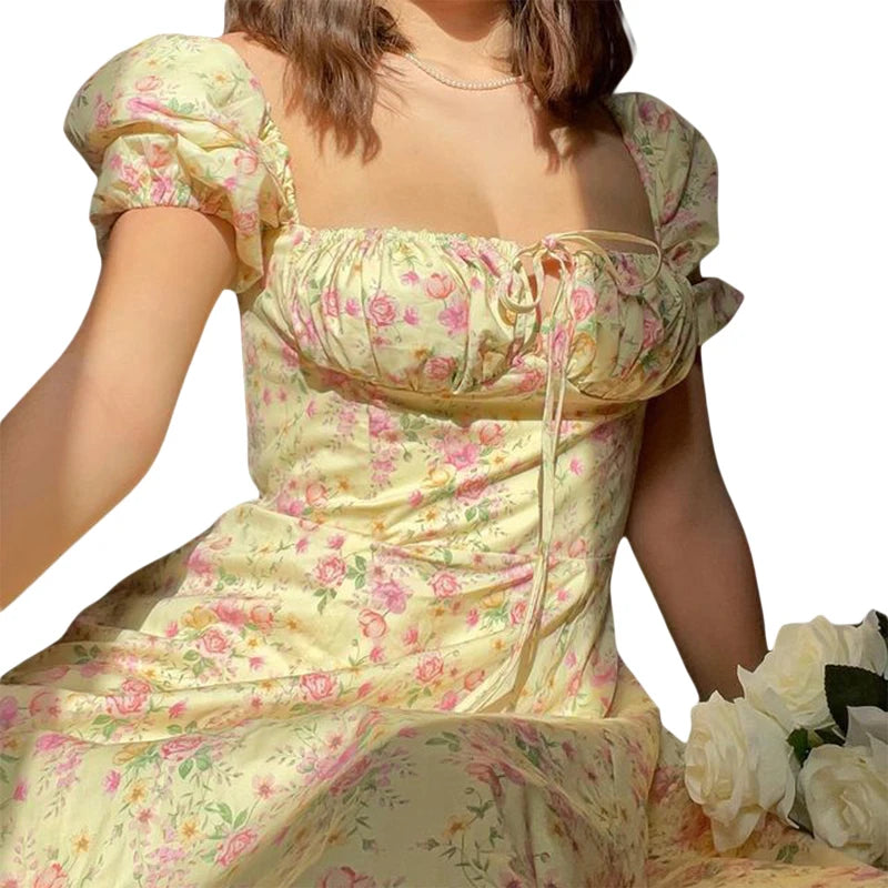 Summer Dress For Women Boho Rope Fashion Floral Printed Lace Up Chest Elegant Short Sleeve