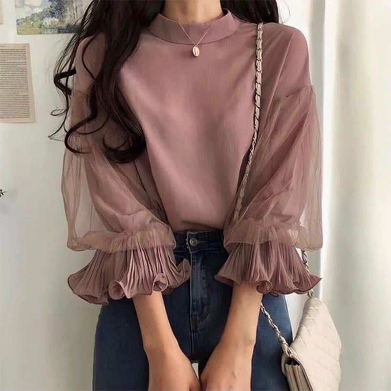 Elegant Party Blouse Chic Mesh Ruffle 3/4 Sleeve Tops Designer Stand Collar Shirts