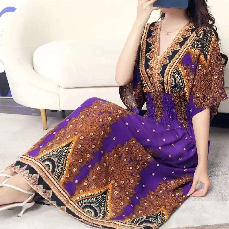 Colorful Flower V-neck Elastic Youthful Bohemian Sweet Midi Dress Woman Clothes Chic Fashion Summer Dresses