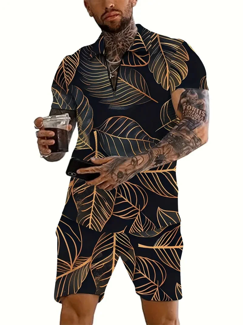 Zipper POLO Shirt Shorts Set Summer Fashion Casual Men's Sports Set 3D Printed Simple Style Lapel Zipper POLO Shirt 2 Sets