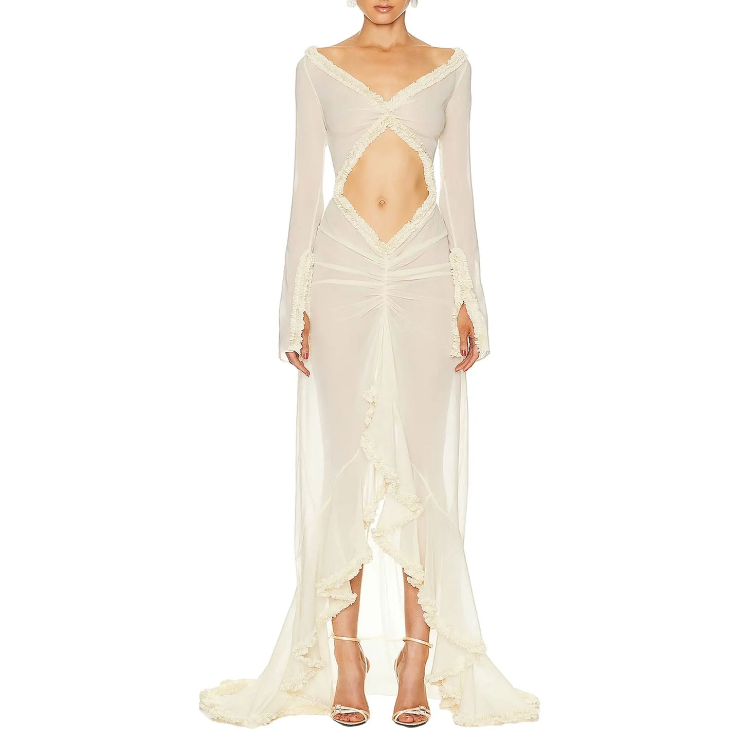 Long Sleeve V Neck Chemise Mesh Nightwear