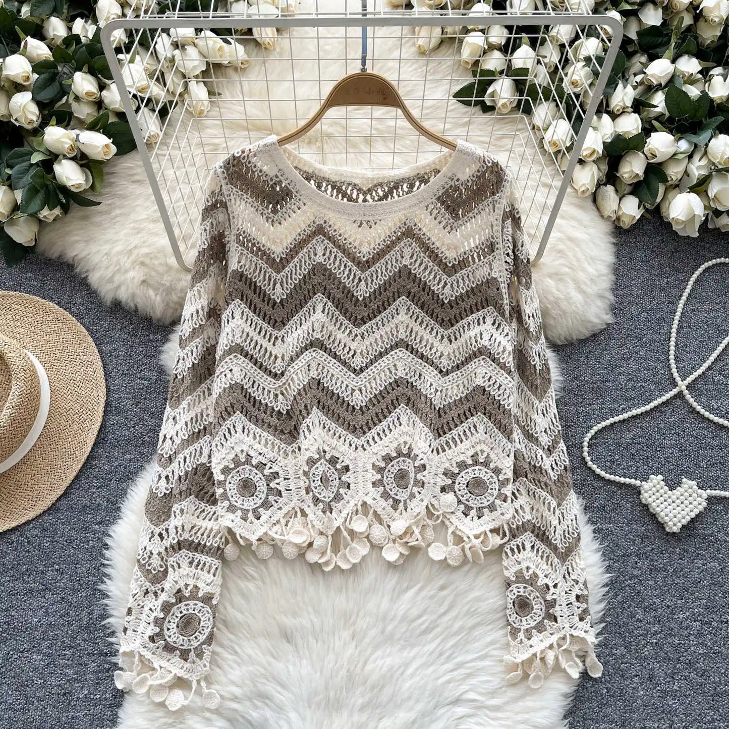 Crochet Top Long Sleeve O-Neck Wavy Striped Open-knit Pullover Sweater for Women Boho Vacation Outfit
