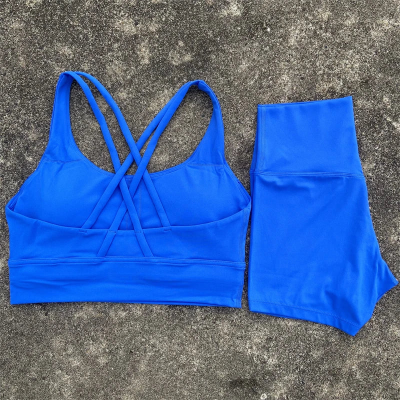 Yoga Clothes 2 Piece Gym Sports Shorts Set Women Cross Back Bra Top High Waist Shorts Fitness Suit Running Workout Tracksuit