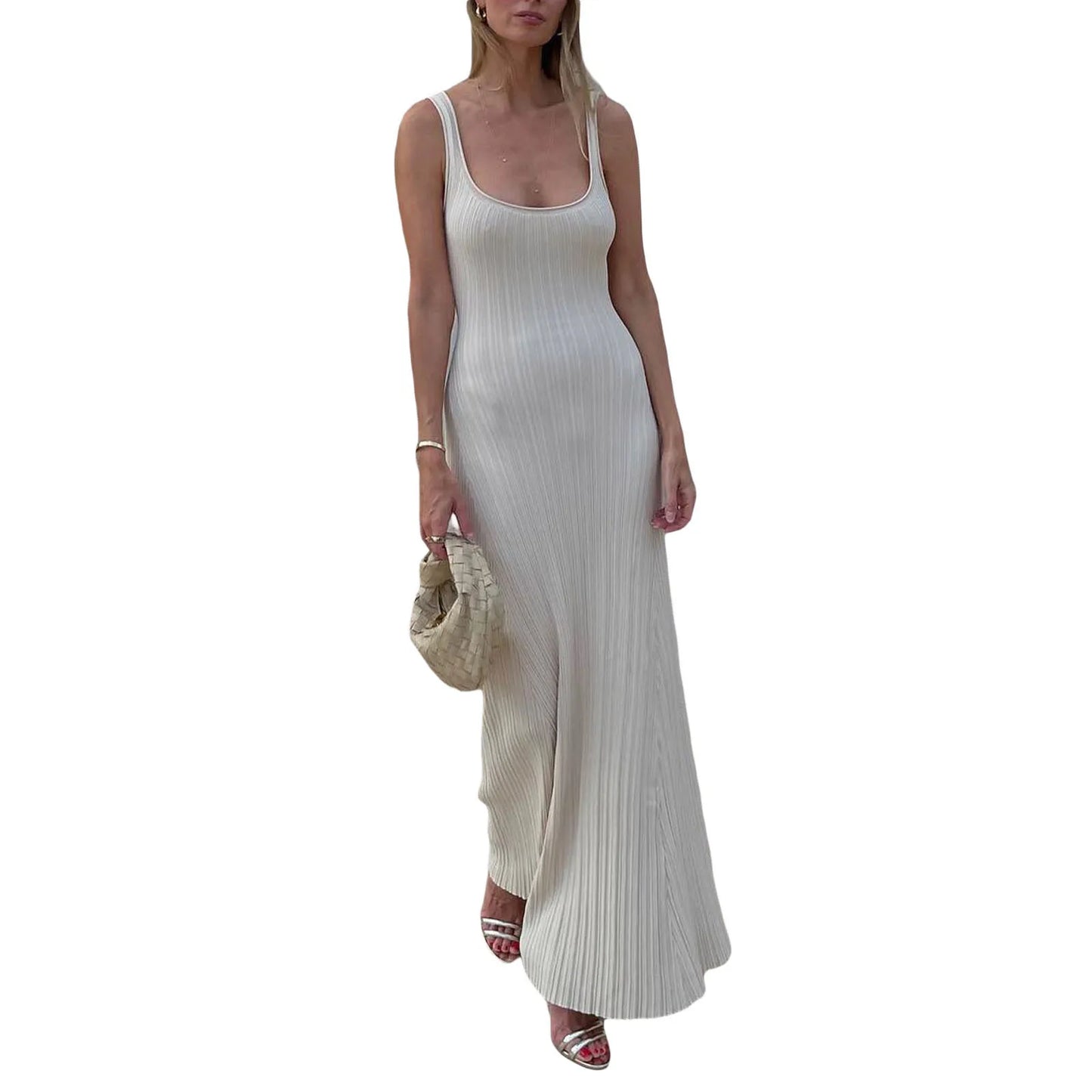 Knit Tank Dress Casual Summer Sleeveless U-Neck Long Dress for Cocktail Beach Club Streetwear