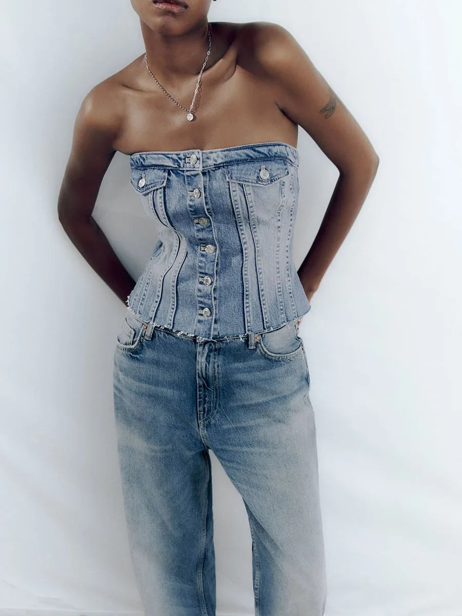 Women s Fitted Tube Tops Blue Sleeveless Off Shoulder Denim Bandeau Summer Clothes