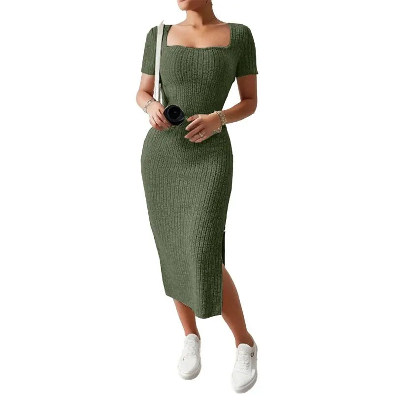 Summer Square Neck, Hip-Hugging Mid-Length Skirt, Short-Sleeved, Rib Knit Versatile Knitted Slit Dress