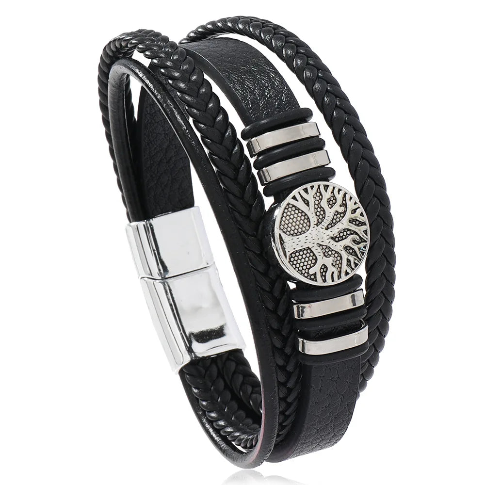 Tree Male Unique Design Trendy Vintage Cuff Men Bracelets PU Leather Bracelets Bangles for Men Jewelry