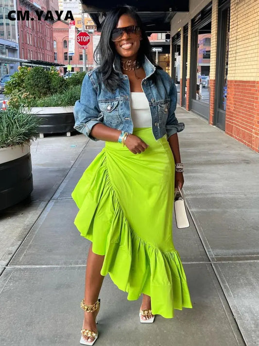 Ruffles Hem Asymmetrical High Waist Maxi Long Skirt
