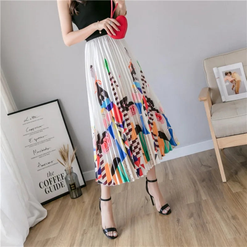 Cartoon Print Pleated  Long Skirt High Waist A-Line