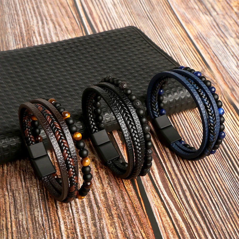 Hot Fashion Beads Leather Bracelet Men Classic Tiger Eye Beaded Multi Layer Leather Bracelet For Men Jewelry