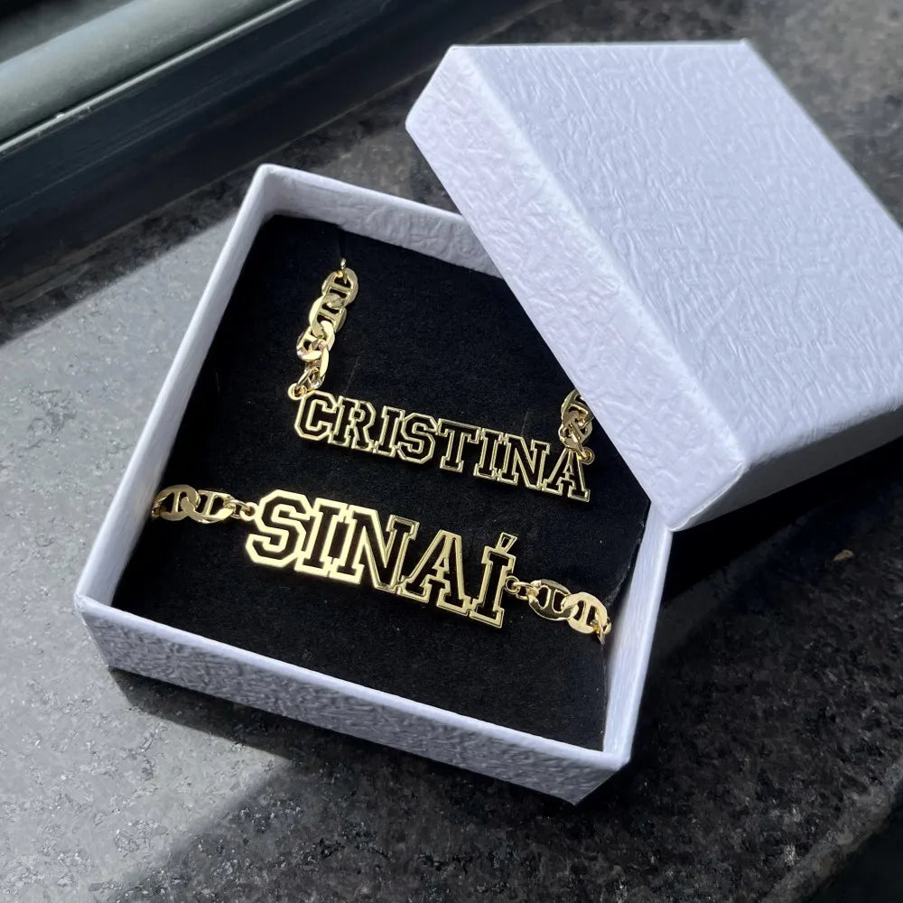 Custom Name Hollow Necklace Hip-Hop Gold Letter Bracelet With Flat Clip Chain