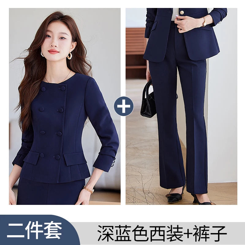 2 Piece Set Women's Double Breasted Blazer Elegant A Line Knee Length Slit Skirts OR Slacks Women's Work Wear