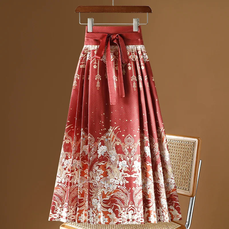 Vintage Maxi Chinese Style Horse Face Skirts  Pleated
