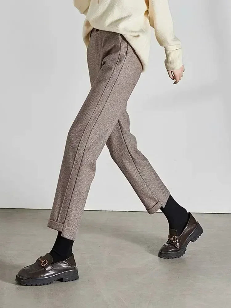 High-waisted Tweed Straight Pants Loose Casual Herringbone  Cropped Trousers