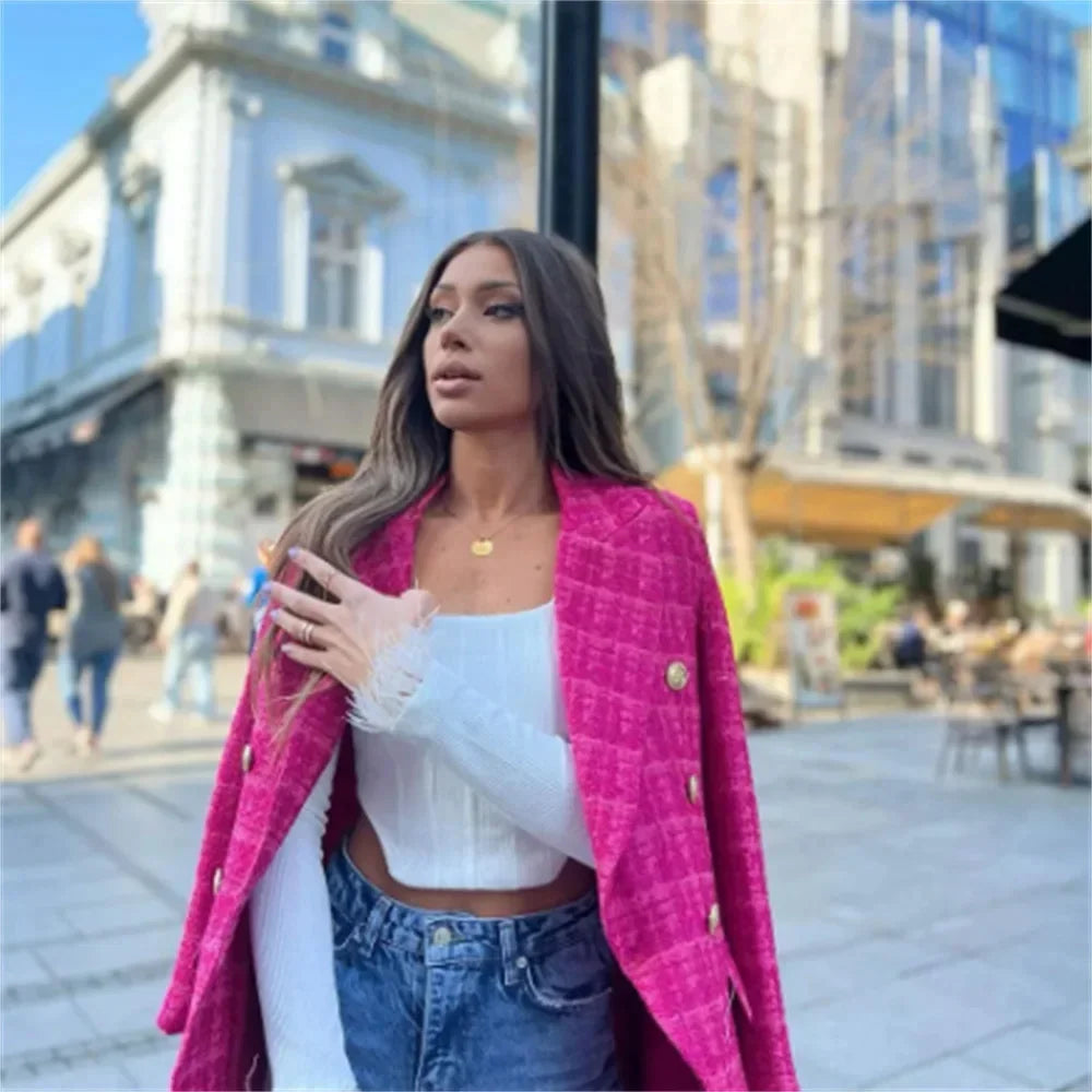 Autumn Women's Clothing Style Fashionable Versatile Texture Double breasted Mid length Suit Coat