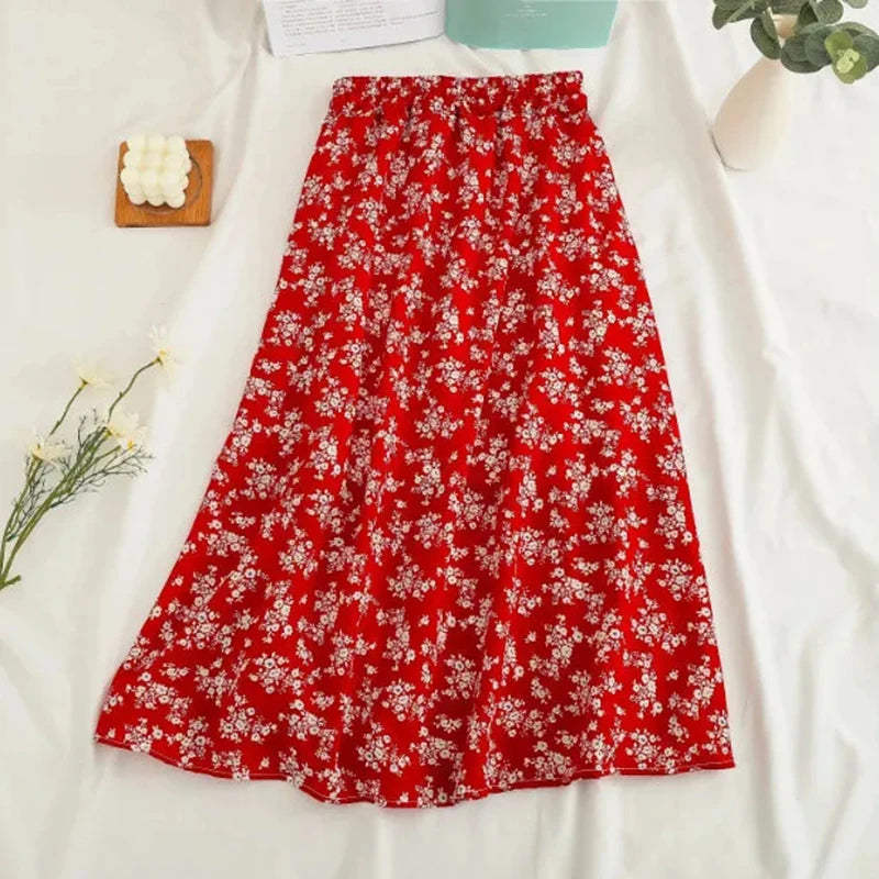 Chiffon Midi Skirt Floral Loose High Waist  Casual  A Line