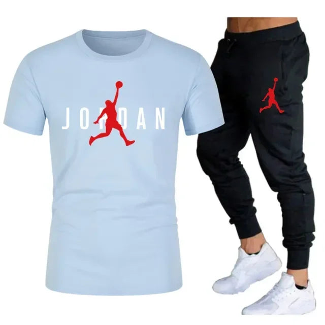 Summer Men's Tracksuit Suit Brand Short Sleeve T-Shirt + Trousers 2-Piece Sets Fitness Jogging Sports Pants Sportswear Suit
