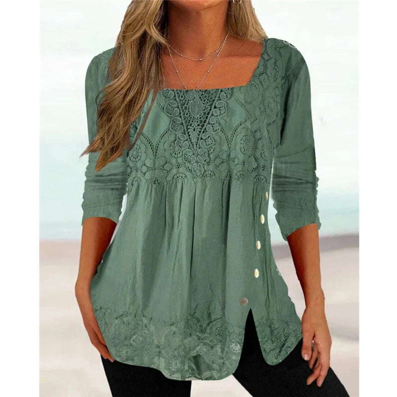 Vintage Elegant Blouse Square Collar Solid 3/4 Sleeve