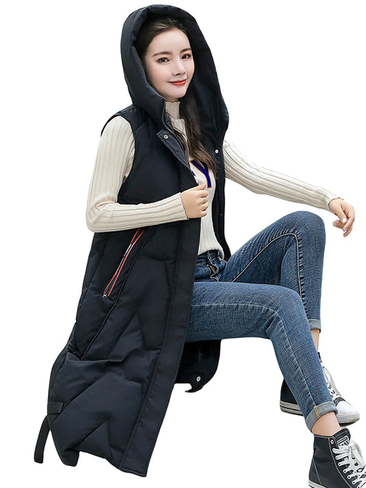 Quilted Puffer Vest with Hood Mid-Length Sleeveless Winter Waistcoat Zipper Closure Lightweight Down Coat