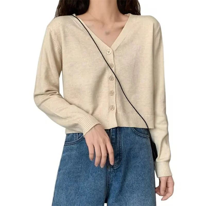 Women's Long Sleeve Cropped Cardigan V Neck Button Down Knit Single-breasted Cardigan Sweaters