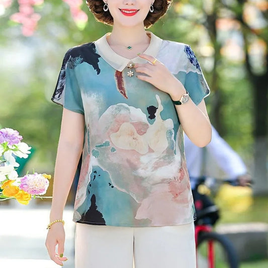 Natural Scenery Printed Peter Pan Collar Lace Beading Short Sleeve Tops