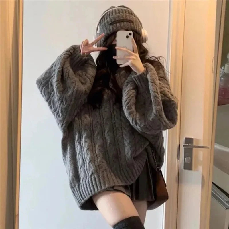 Women's Sweater Oversized Knitted Pullovers Long Sleeve V Neck Knitwear Preppy Solid Loose Jumper