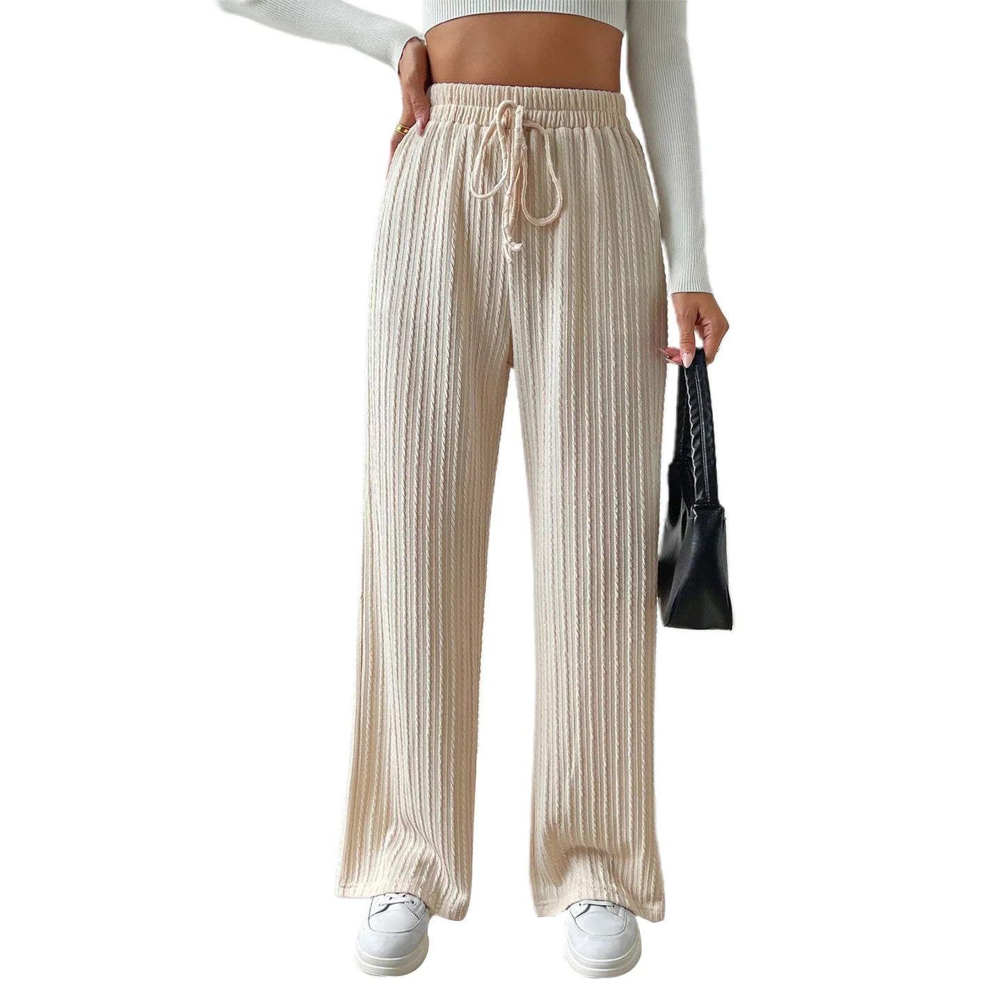 Elegant Ribbed Knit Palazzo Pants with Chic Drawstring High Waistband Comfy Wide Leg Trousers for Women s Casual Wear