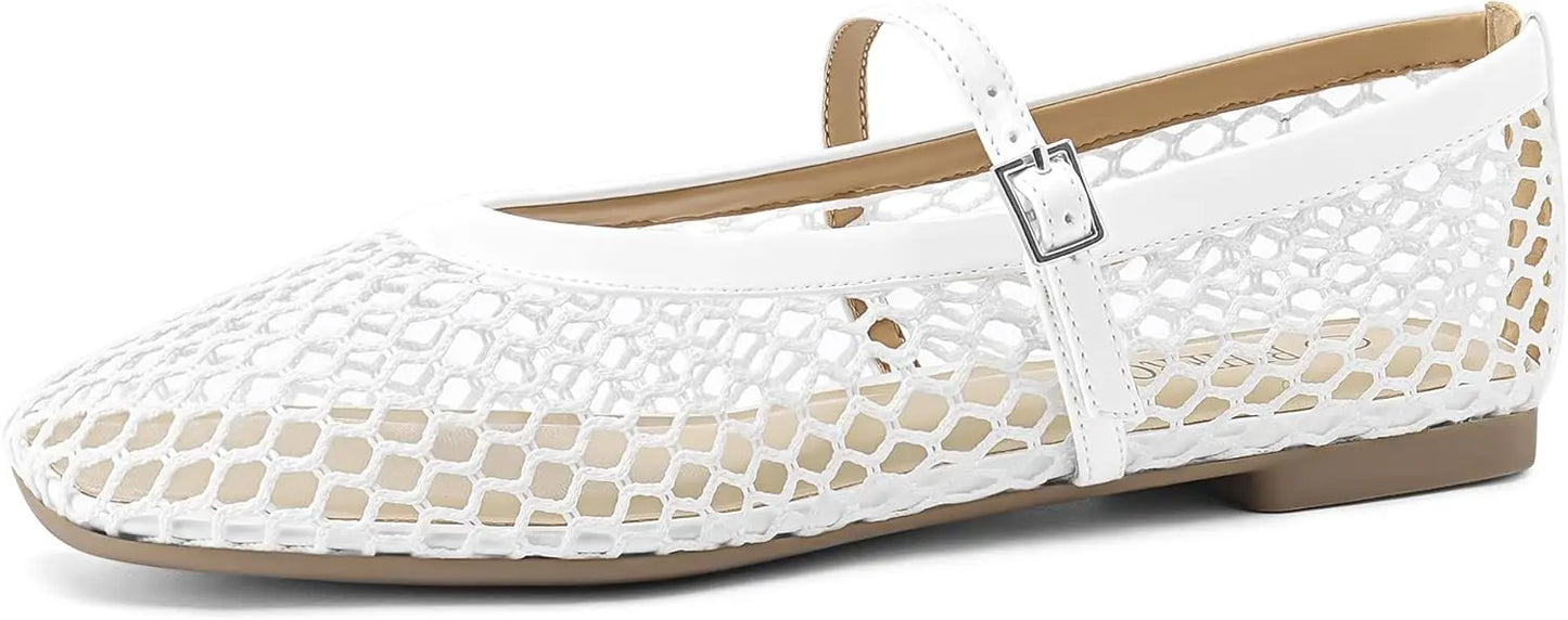 Mesh Ballet Flats for Women Comfortable Square Toe Ballerina Flats Buckle Strap Casual Fishnet Flat Shoes