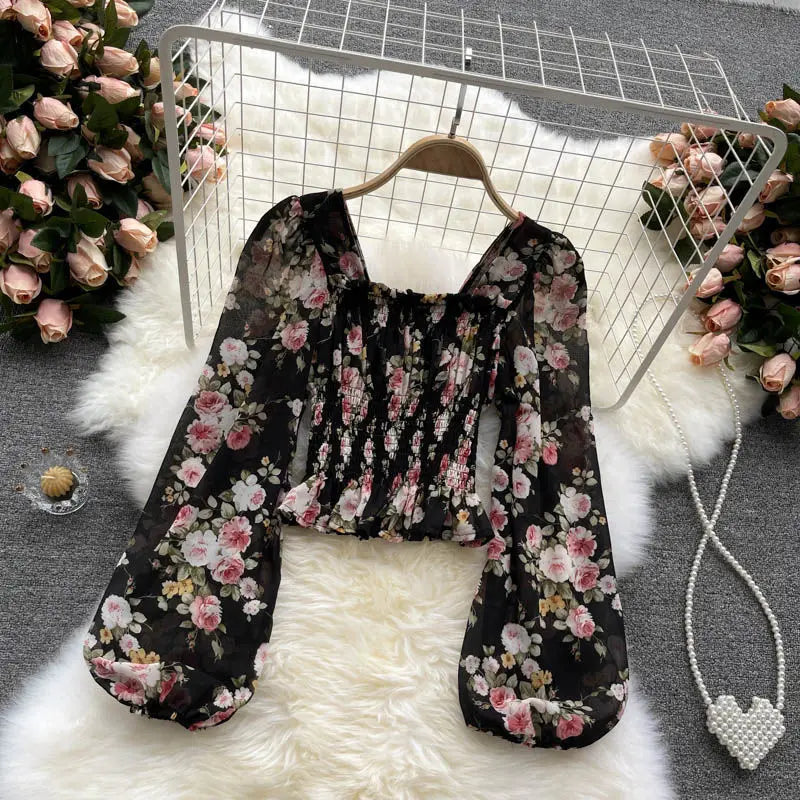 Elegant Floral Printed Chiffon Square Collar Slim  Lantern Sleeve Blouse